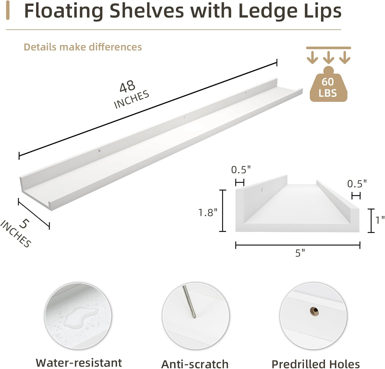 Picture Ledge Shelf, Wood Long Floating Shelves for Wall, Set of 2, 48 inch Picture Ledge Shelves