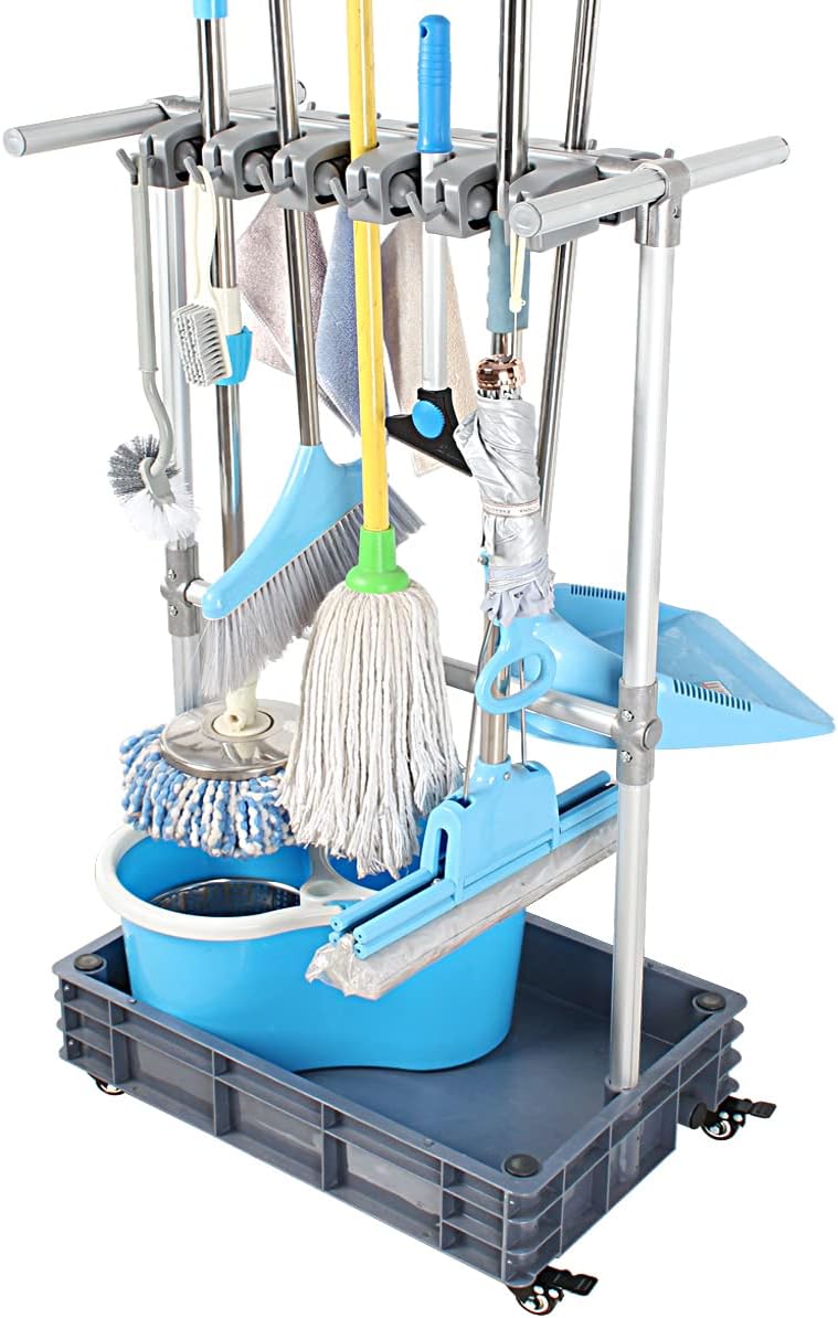 Broom And Mop Holder Put Wet Mops Movable Floor-Mounted Mop Rack Floor Standing Cleaning Tool Cart