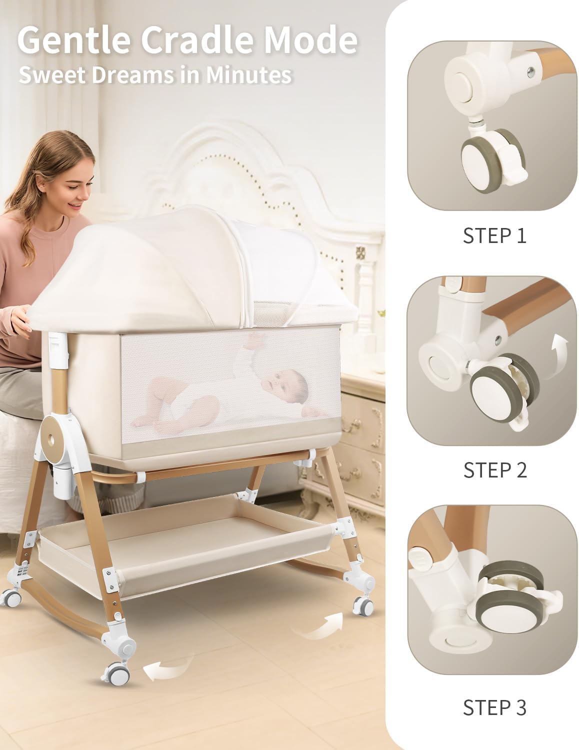 4 in 1 Baby Bassinet, Bassinets Bedside Sleeper with Wheels and Storage Basket, Adjustable 7