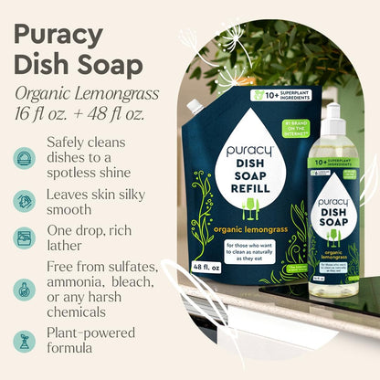 Puracy Natural Dish Soap Refill Bundle- Enzyme-Powered Dishwashing Soap, Organic Dishsoap Liquid