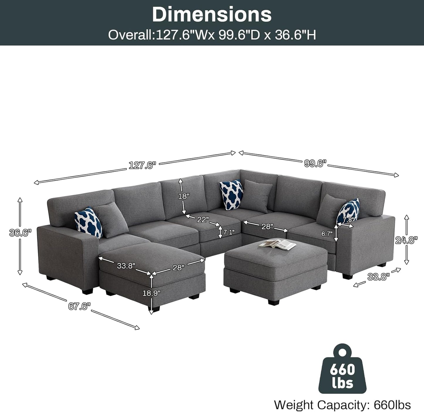 L Lengend Vansen Modular Sectional Sofa U Shaped Couch with Ottoman Modern Reversible Corner