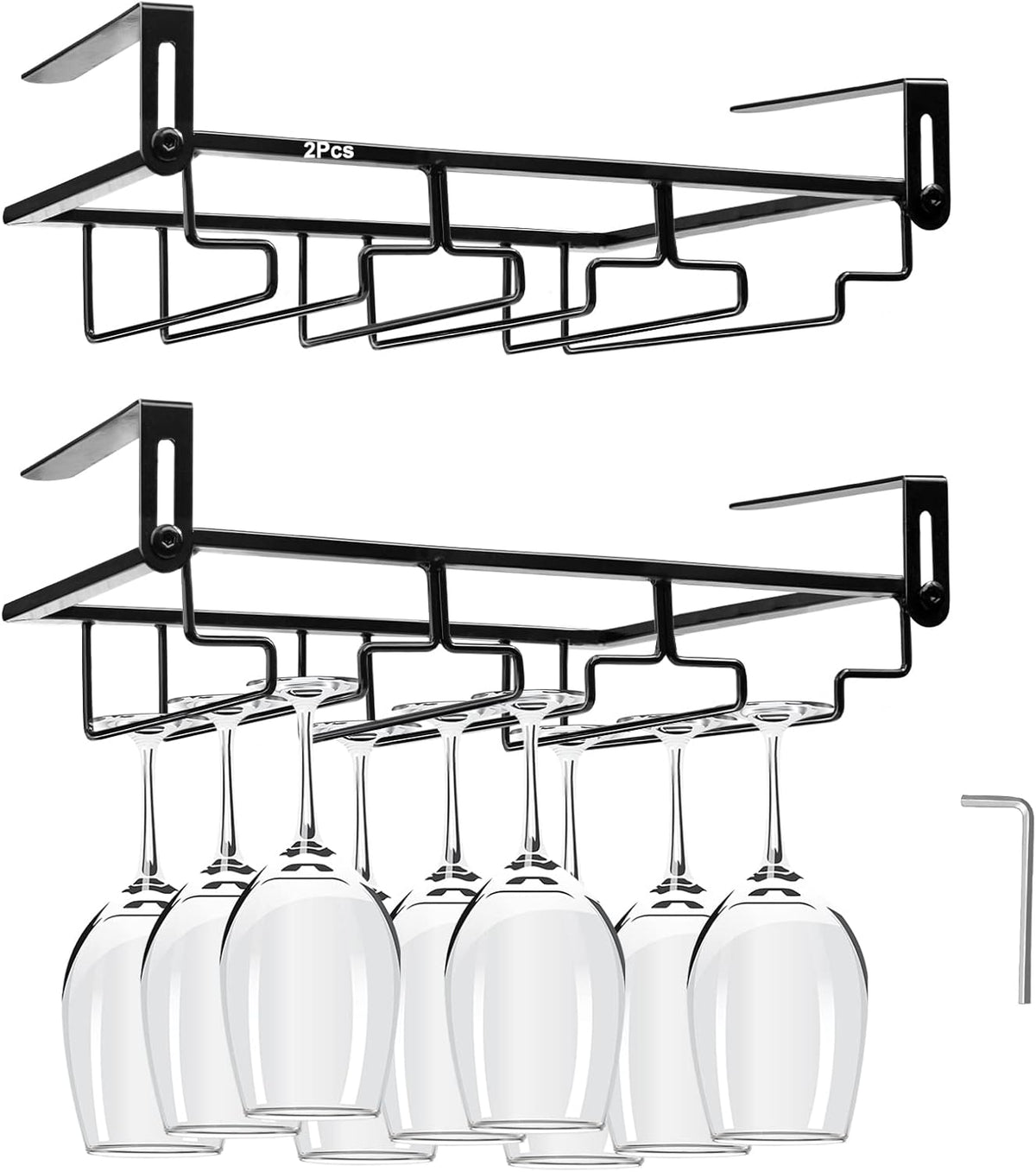 AUHOKY 2Pcs Adjustable Wine Glass Rack Under Cabinet, Punch-Free 3 Rows Stemware Metal Holder