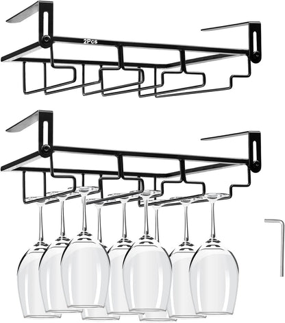 AUHOKY 2Pcs Adjustable Wine Glass Rack Under Cabinet, Punch-Free 3 Rows Stemware Metal Holder