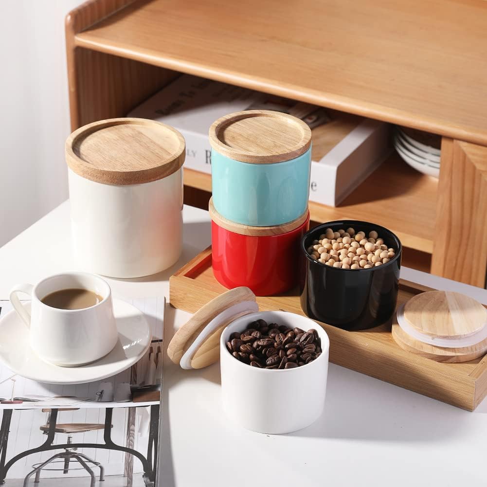 Sweejar Kitchen Canisters Ceramic Food Storage Jar, Stackable Containers with Airtight Seal Wooden