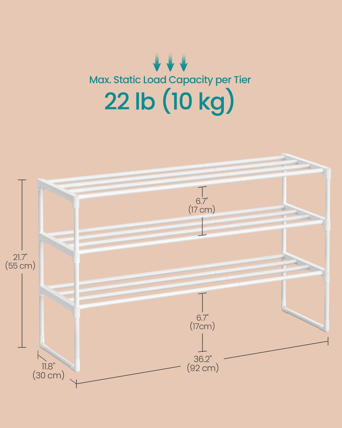 SONGMICS Shoe Rack, 3-Tier Shoe Organizer, Metal Storage Shelf, Upright or Upside Down, for 16-20