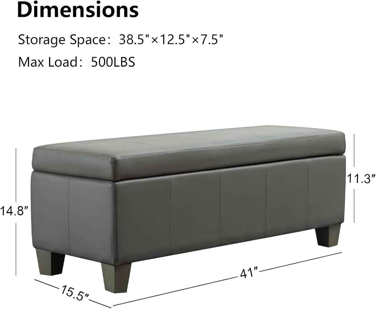 Grey Faux Leather Ottoman with Storage, Rectangular Extra Long Storage Bench for Bedroom and Living