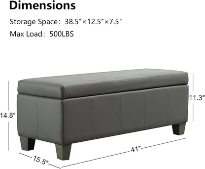 Grey Faux Leather Ottoman with Storage, Rectangular Extra Long Storage Bench for Bedroom and Living