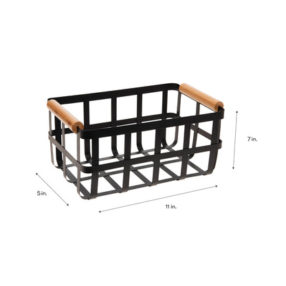 Simplify Rectangular Metal Storage Basket with Bamboo Handles | Large | Farmhouse Style Wire Basket