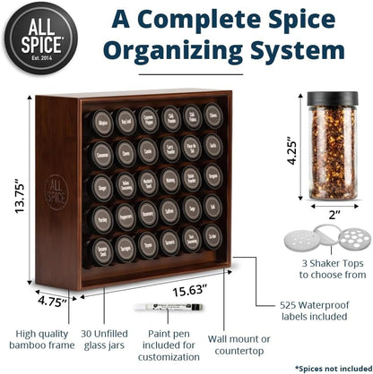 AllSpice Spice Rack Organizer, Wood, 525 Unique Labels, Countertop or Wall Mount, Includes 30 4oz