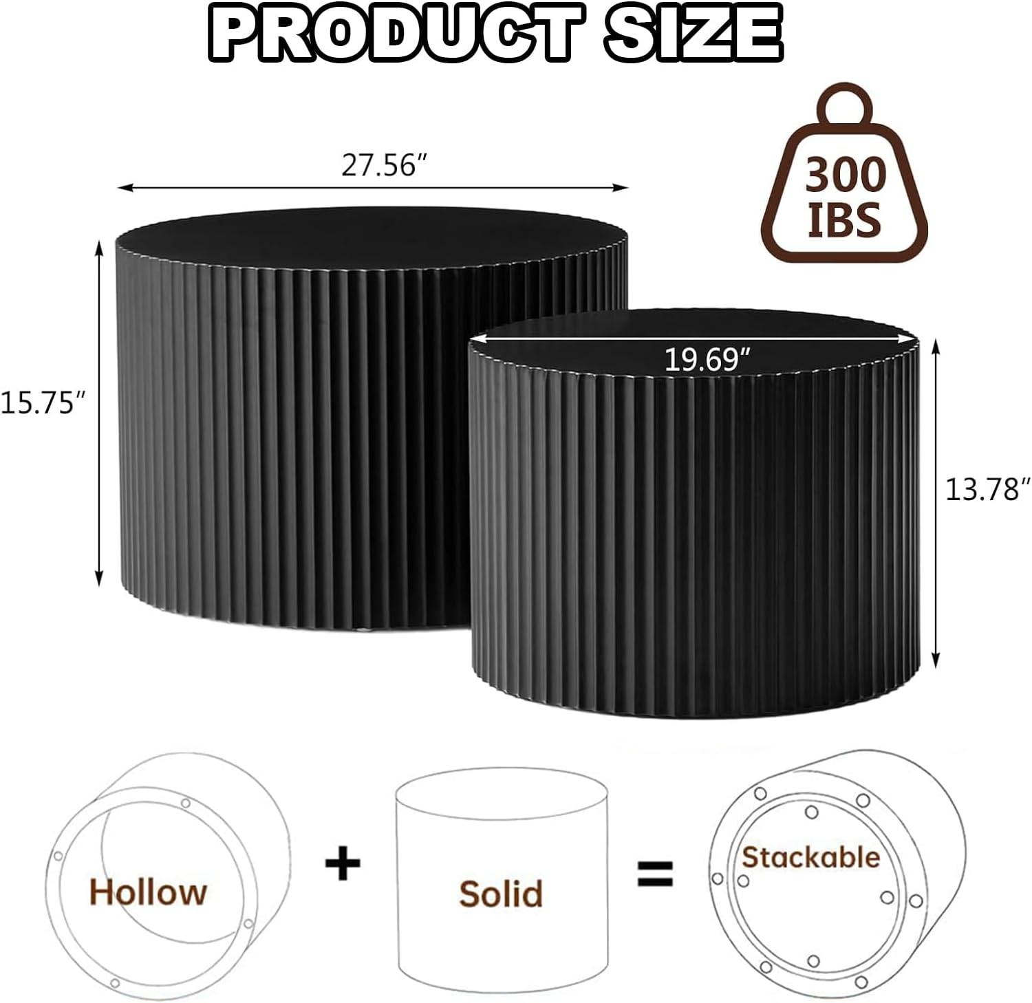 Nesting Coffee Table Set of 2 Modern Black Handcraft Fluted Coffee and End Table Sets Wooden Drum