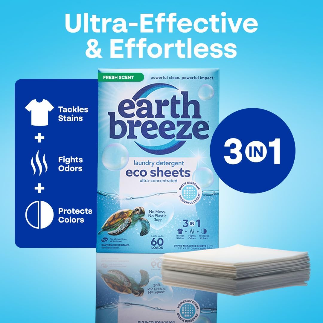 Earth Breeze Laundry Detergent Sheets Fresh Scent - 60 Loads Eco Liquidless Soap - Travel-Friendly