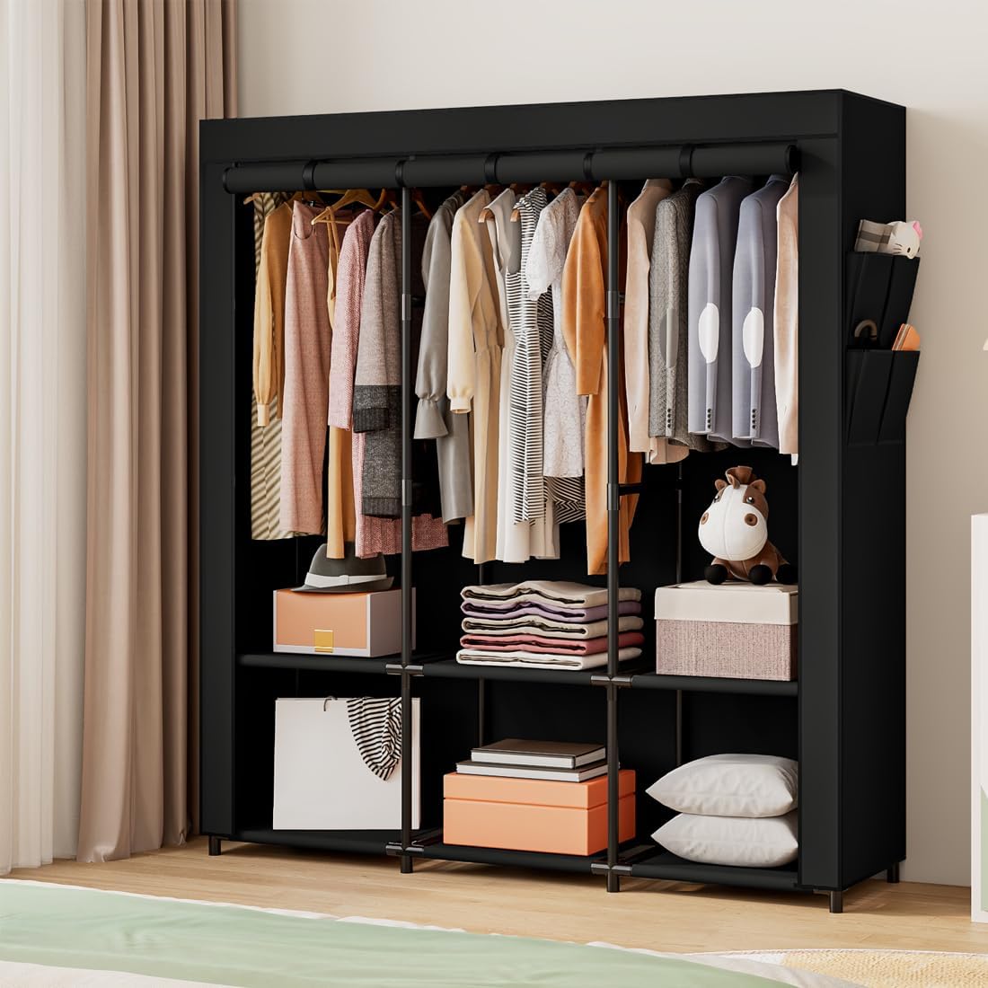 SORCEDAS Portable Closet Wardrobe Storage Organizer Metal Hanging Rack Non-Woven Fabric 50 Inch