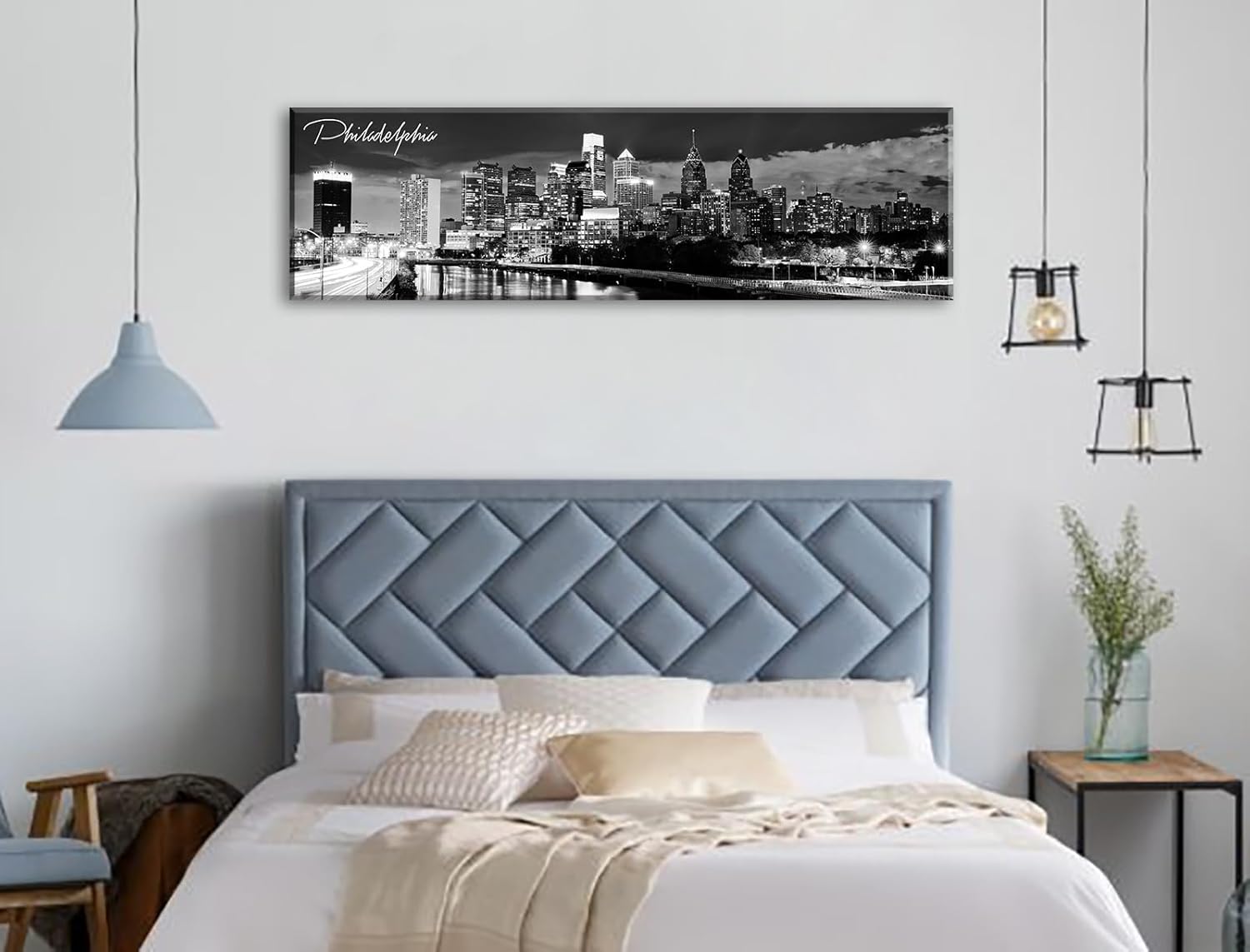 DJSYLIFE Philadelphia Skyline Canvas Art - 13.8"x47.3" Black & White Cityscape Wall Decor, Modern