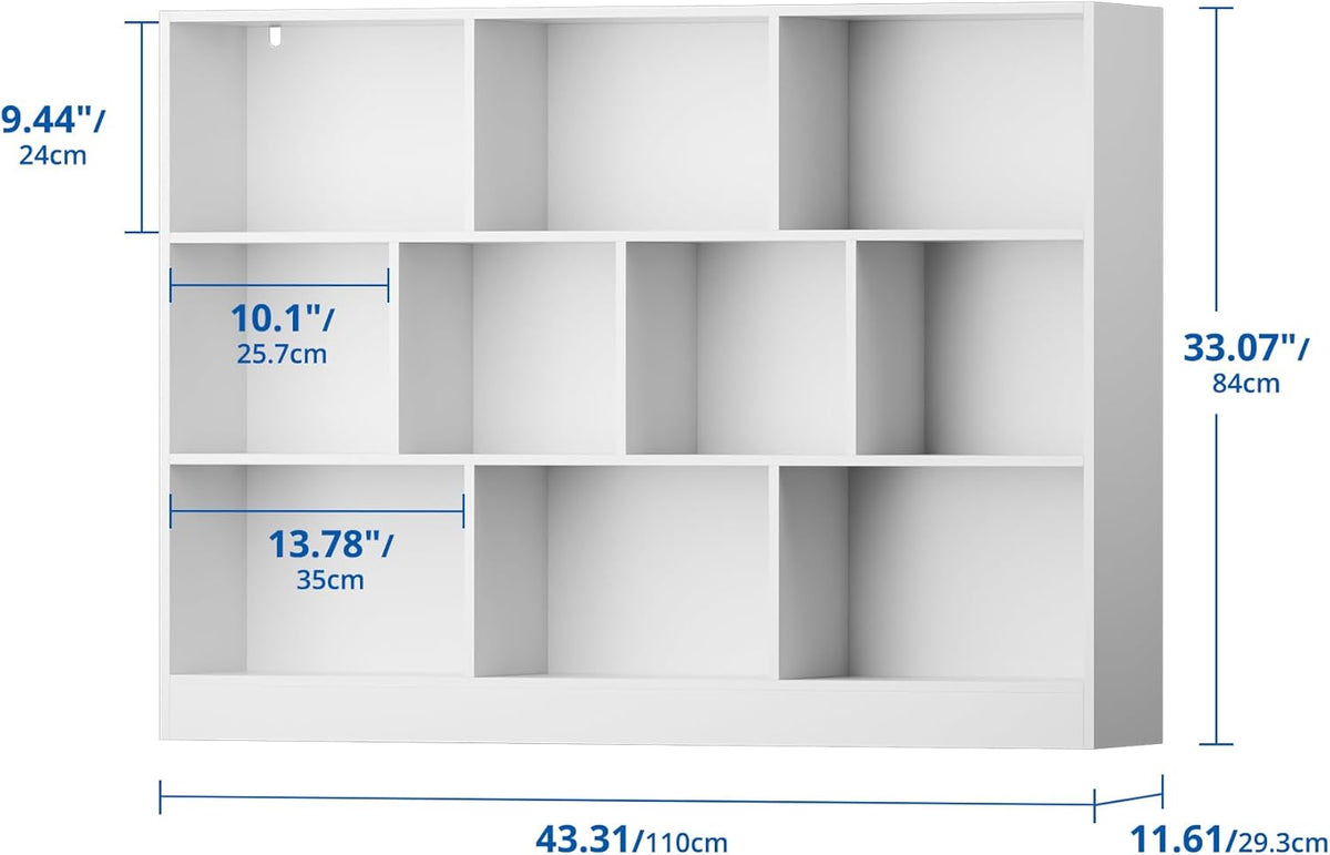 Cozy Castle White Bookshelf, 3-Tier Open Shelf Bookcase, 10 Cube Storage Organizer with Anti-Tilt