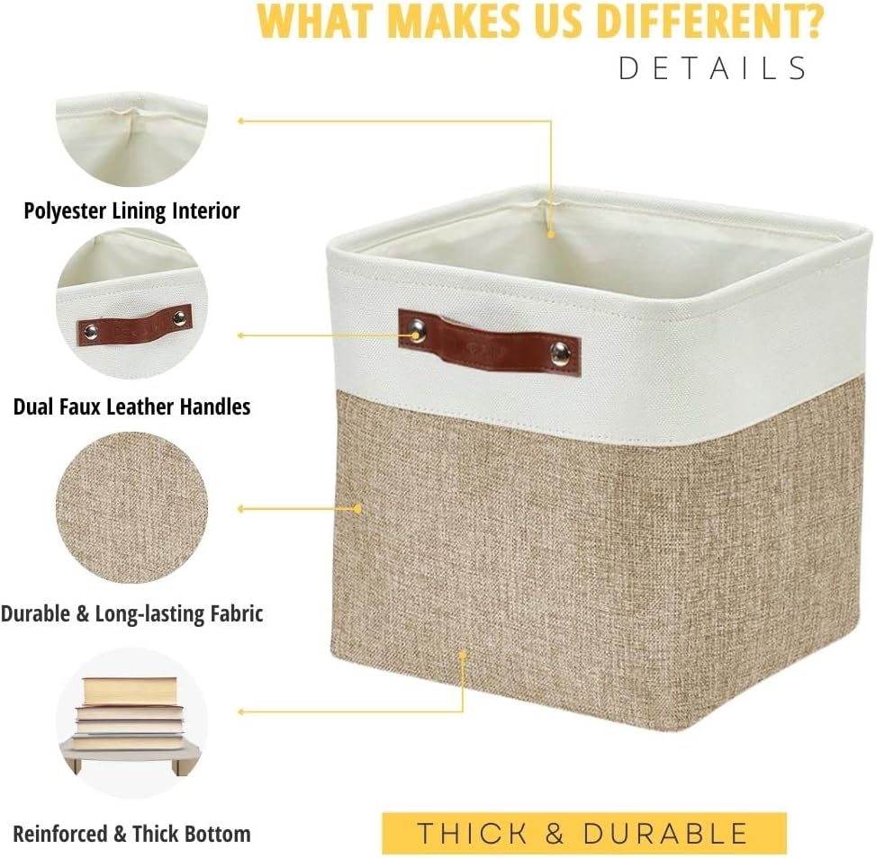 DECOMOMO 13 Inch Cube Storage Bins, Fabric Storage Cube, Basket for Kallax Shelves (Beige & White