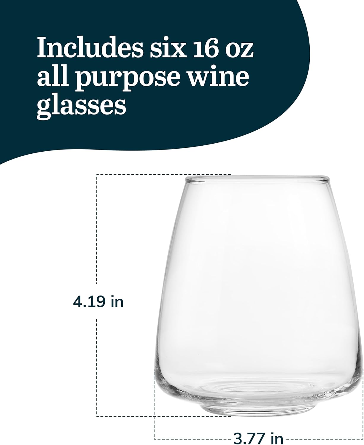 Libbey Stackable Stemless Wine Glasses Set of 6, Tapered Bulb Shaped All Purpose Wine Glass Set