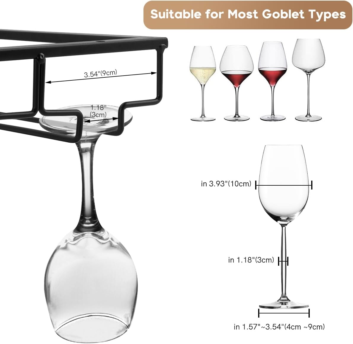 Xverycan Wine Glass Rack Under Cabinet, 6 Row Extreme Large Stemware Hanger, Metal Wine Goblet