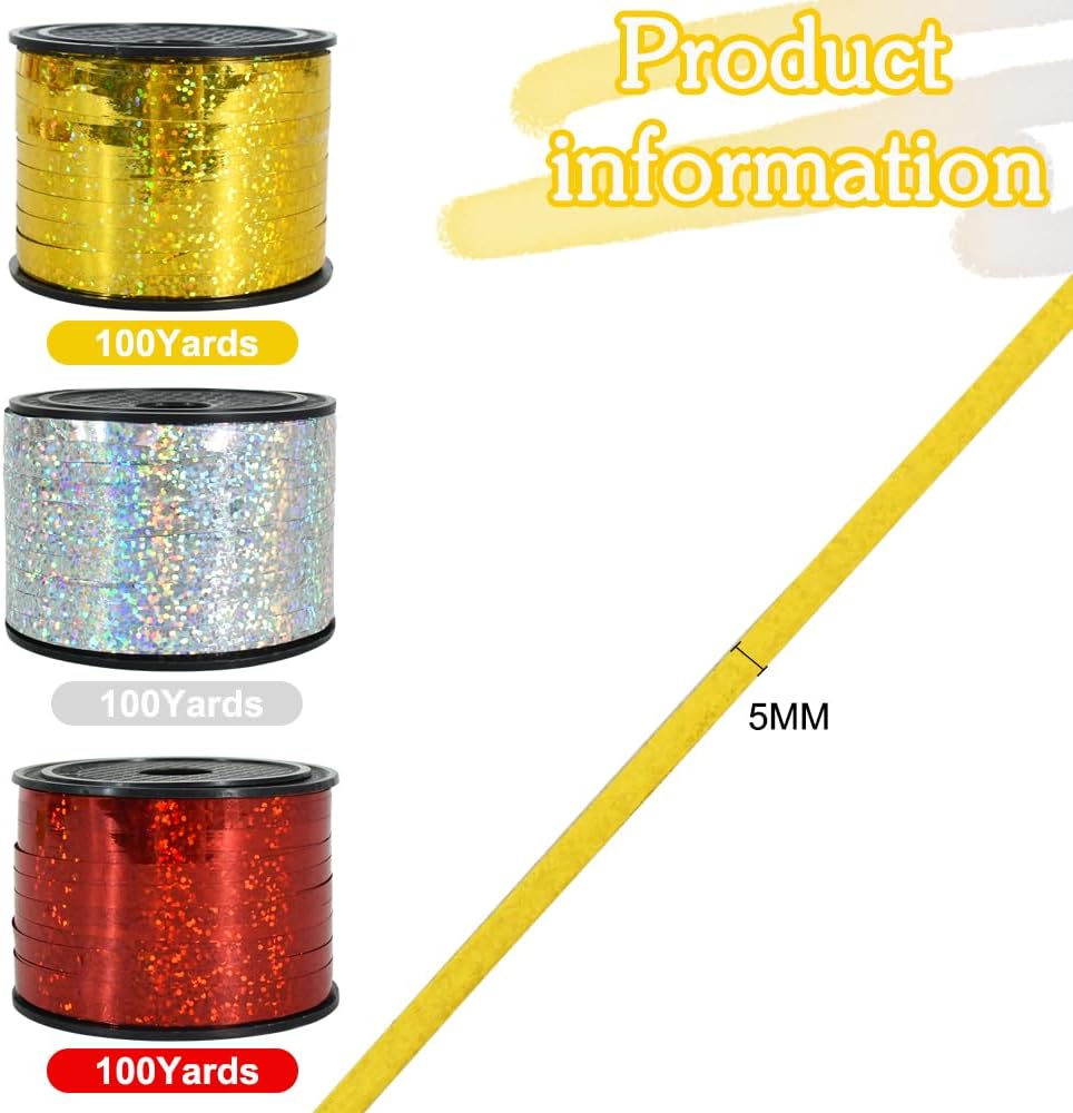 BEISHIDA 3 Pack 100 Yards Gold Silver Red Curling Crimped Glitter Ribbon Balloon String Shiny