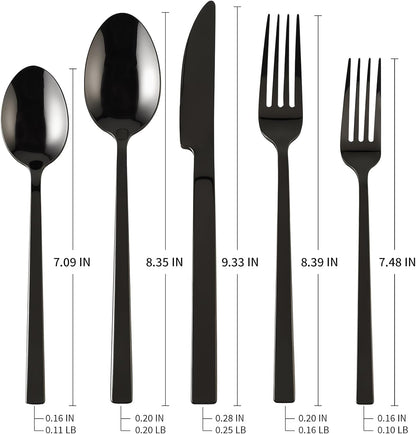 Stainless Steel Flatware Set Hand Forged 18/10 Silverware Set Mirror Black Cutlery Set with Cuboid