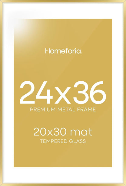 Homeforia 24x36 Gold Picture Frame, High End Metal 24 x 36 Large Poster Frames with Mat 20 by 30