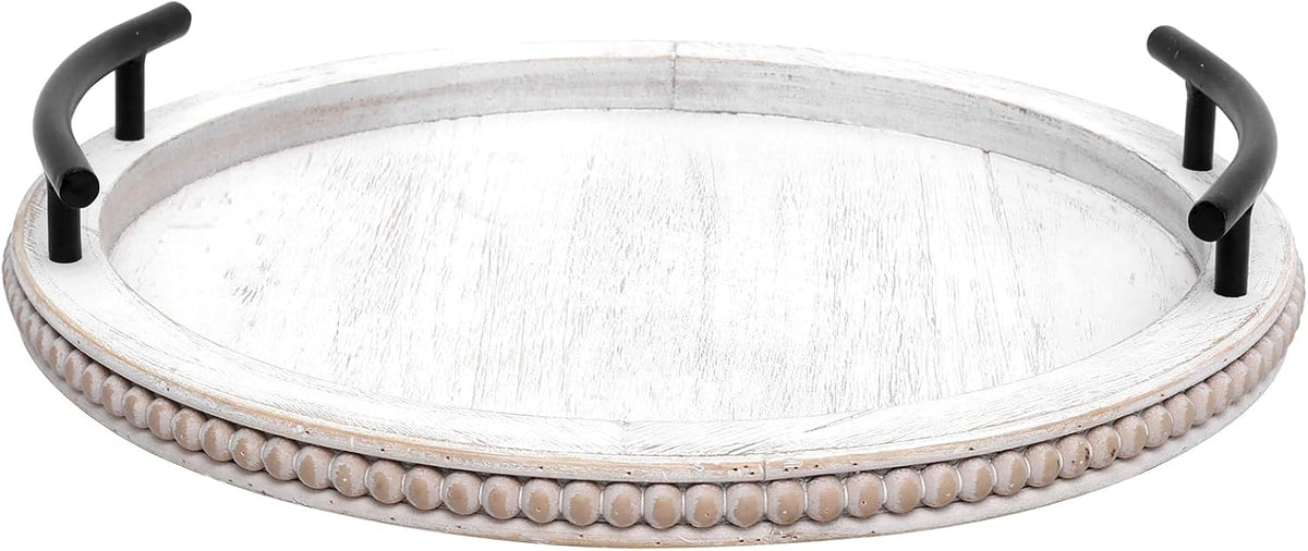 SwallowLiving White Wooden Beaded Serving Tray with Handle Decorative Rustic Whitewashed Tray for