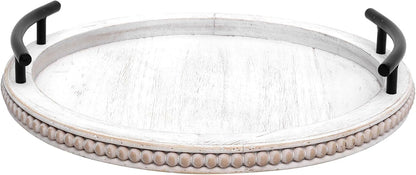 SwallowLiving White Wooden Beaded Serving Tray with Handle Decorative Rustic Whitewashed Tray for