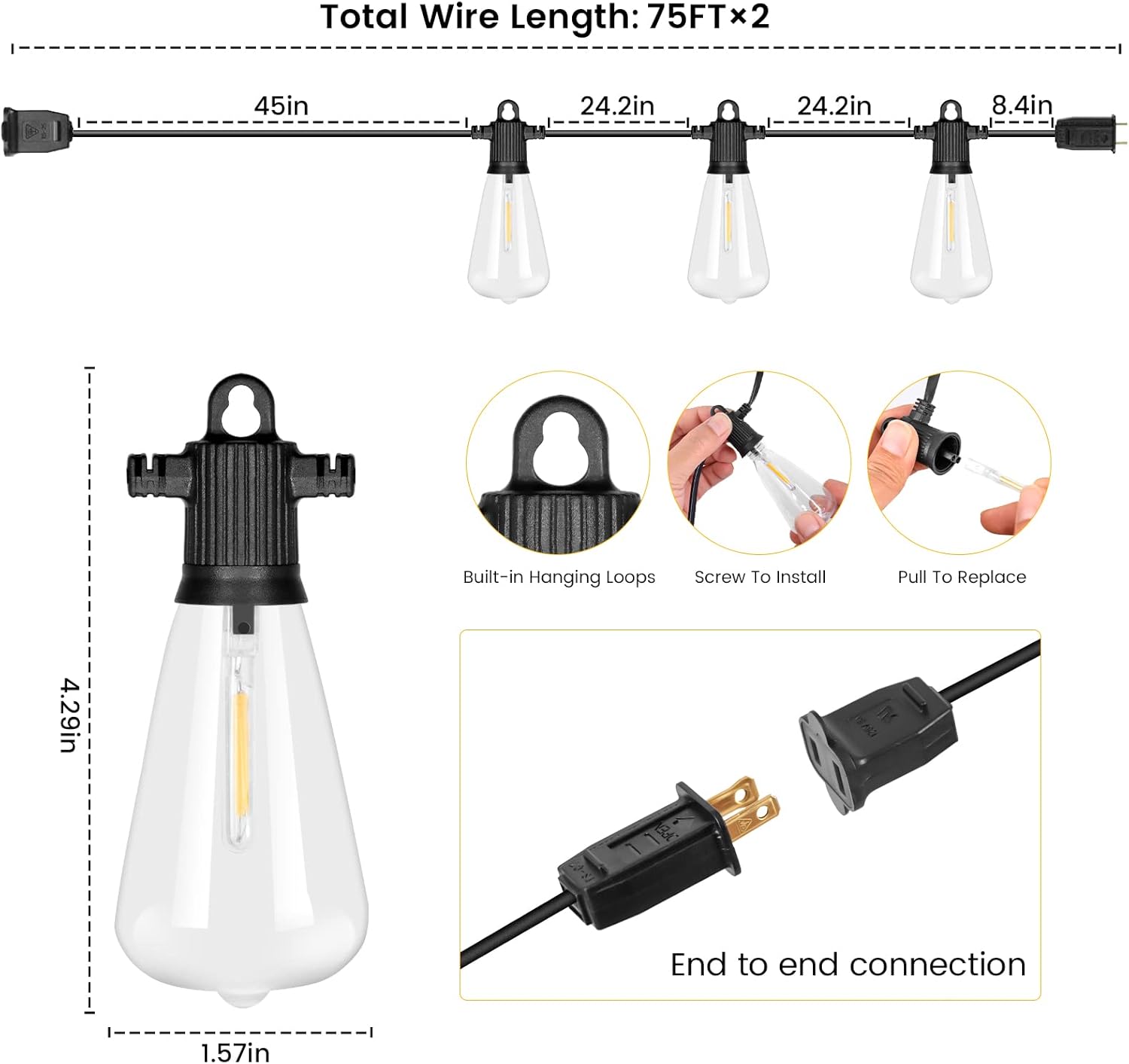 Outdoor String Lights, 150FT LED Patio Lights with 72+3 ST38 Vintage Edison Shatterproof Bulbs