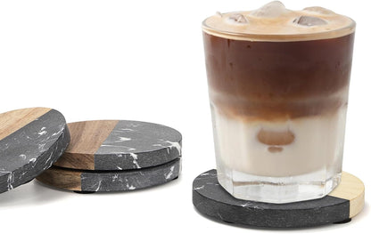 ZENFUN 6 Pc Black Marble Wood Coasters, Round Coaster, Handcrafted Artificial Marble Coasters Set