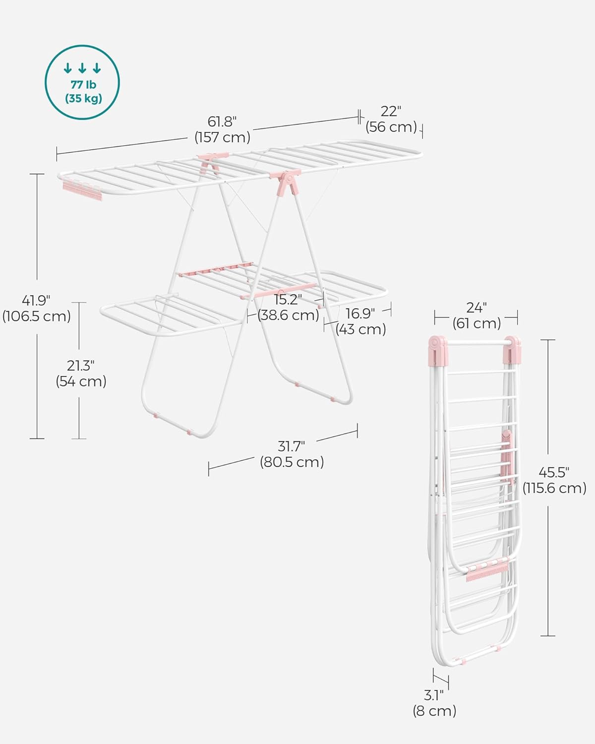 SONGMICS Clothes Drying Rack, Foldable 2-Level Laundry Drying Rack, Free-Standing Laundry Airer