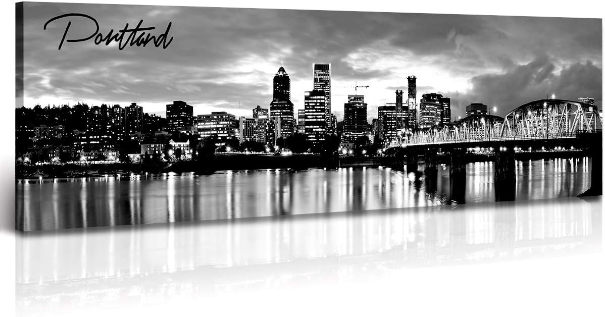 DJSYLIFE-Portland Skyline Canvas Print Modern City Landscape Wall Art USA Skyscraper Black and
