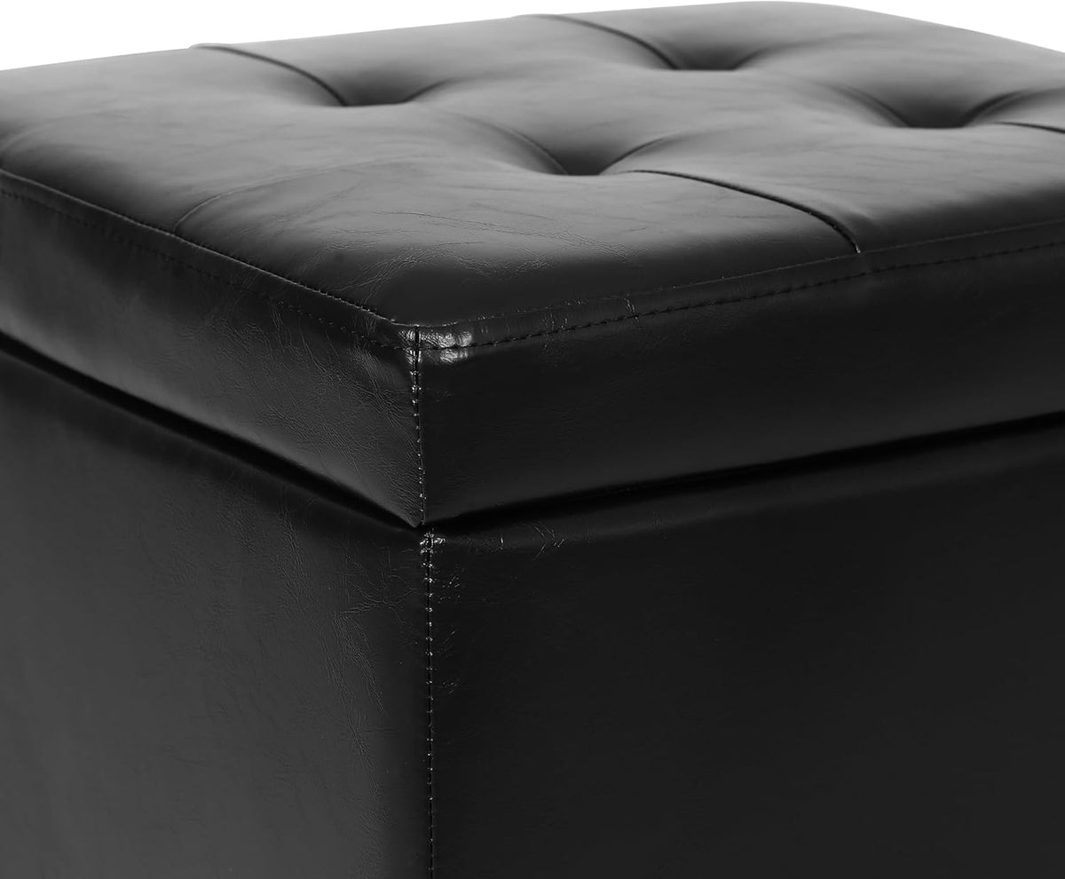 Adeco 17.7" Leather Ottoman with Wheels, Black Square Rolling Ottoman with Storage, Upholstered