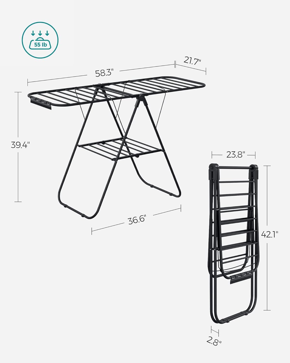 SONGMICS Clothes Drying Rack, with Sock Clips, Metal Laundry Rack, Foldable, Space-Saving