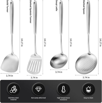 15" Wok Spatula and Ladle,Skimmer Spoon, Slotted Turner Spatula,304 Stainlss Steel Matte Kitchen