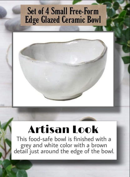 Serene Spaces Living Set of 4 Extra Small Free-Form Edge Glazed Ceramic Bowl, Centerpiece for