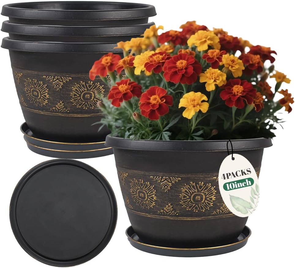 4 Pack 10 inch Plant Pots, Retro Pattern Planters with Drainage Holes and Saucer, Sturdy Plastic
