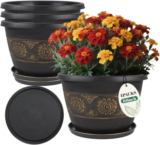 4 Pack 10 inch Plant Pots, Retro Pattern Planters with Drainage Holes and Saucer, Sturdy Plastic
