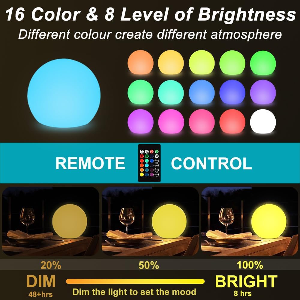 10-in Solar Globe Light, Solar Garden Ball Light Outdoor w/Remote, 16 RGB Color 4 Modes Glowing