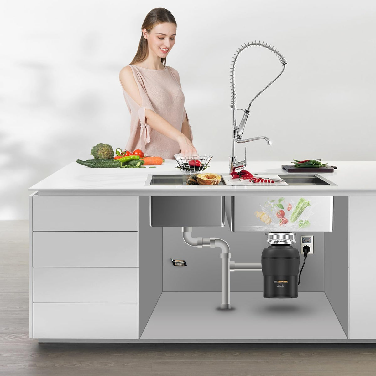 Garbage Disposal 1/2 HP Easy install Quiet with Stopper Power Cord, Kitchen sink Food Waste