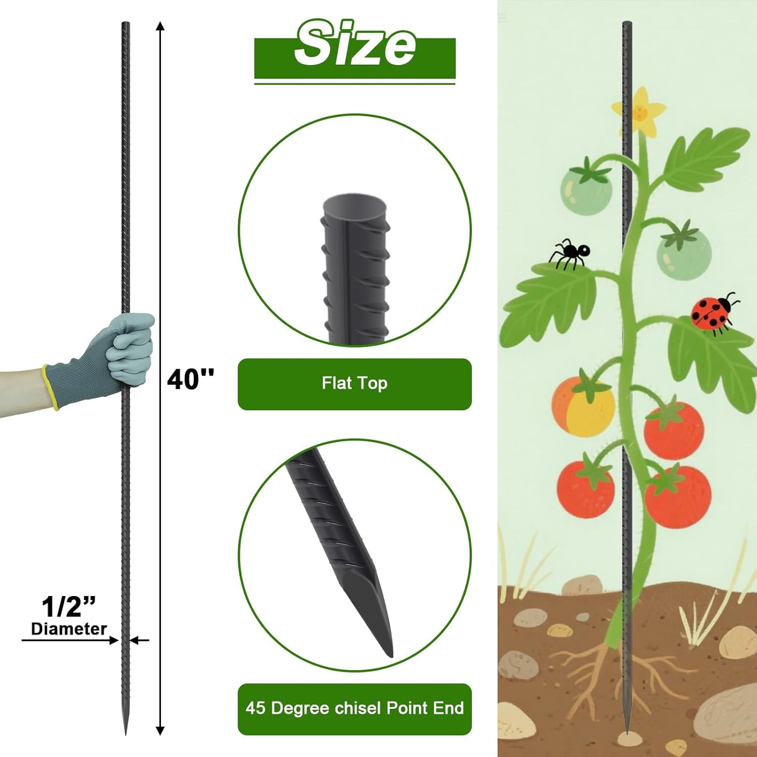AAGUT 40" Rebar Stakes 1/2" 10 Pcs, Straight Ground Stakes Heavy Duty Landscpe Timber Spikes with