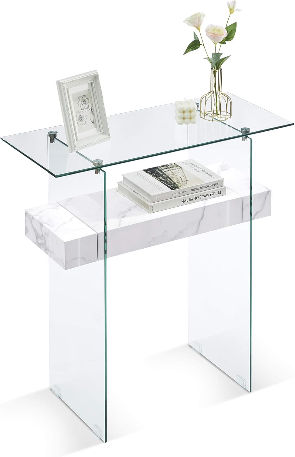 ivinta Glass Console Table with Storage, 31.5'' Modern Narrow Sofa Table with Storage Shelves for
