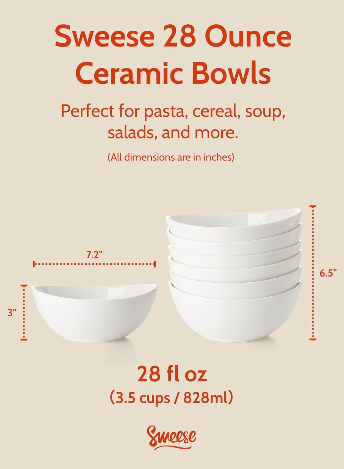 Sweese 7 Inch Porcelain 28 oz Bowls Set of 6, for Soup | Cereal | Pasta | Salad | Ramen |