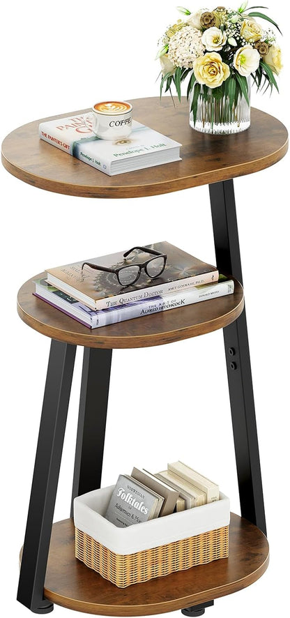 Side Table, Small End Table with Metal Frame, 3-Tier Bedside Tables, Round Side Tables for Living