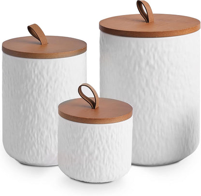 JOJUNO White Ceramic Canister Set with Wooden Lid, 3-Piece Airtight Food Storage Jars for Kitchen