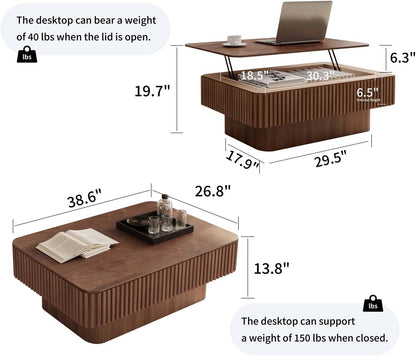 Lift Coffee Table with Storage & Adjustable Height, Solid Wood Coffee Table Fluted Center Table