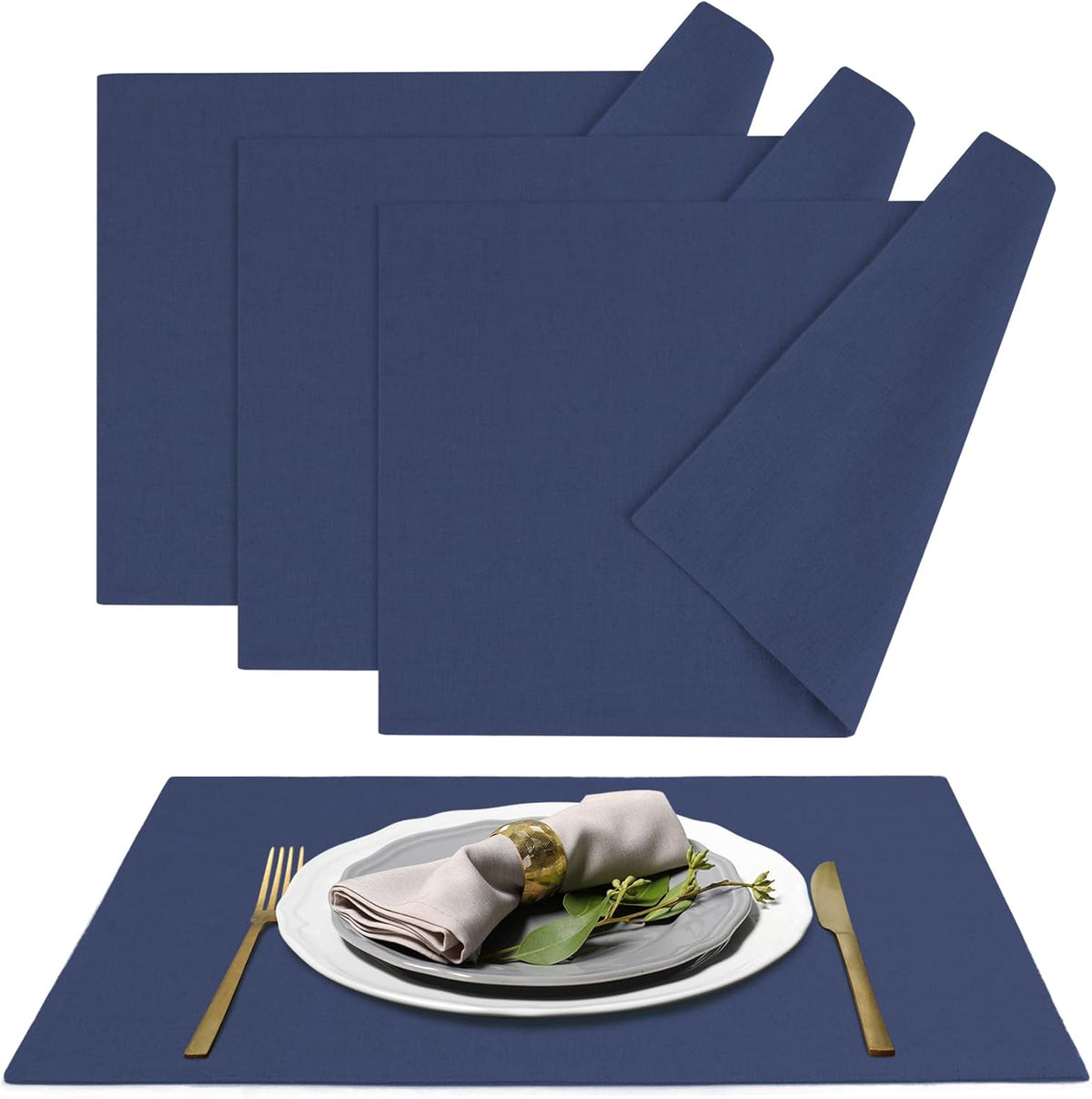 MANSPHIL Navy Blue Cloth Placemats Set of 4, Washable Thick Faux Linen Place Mats Heat Resistant