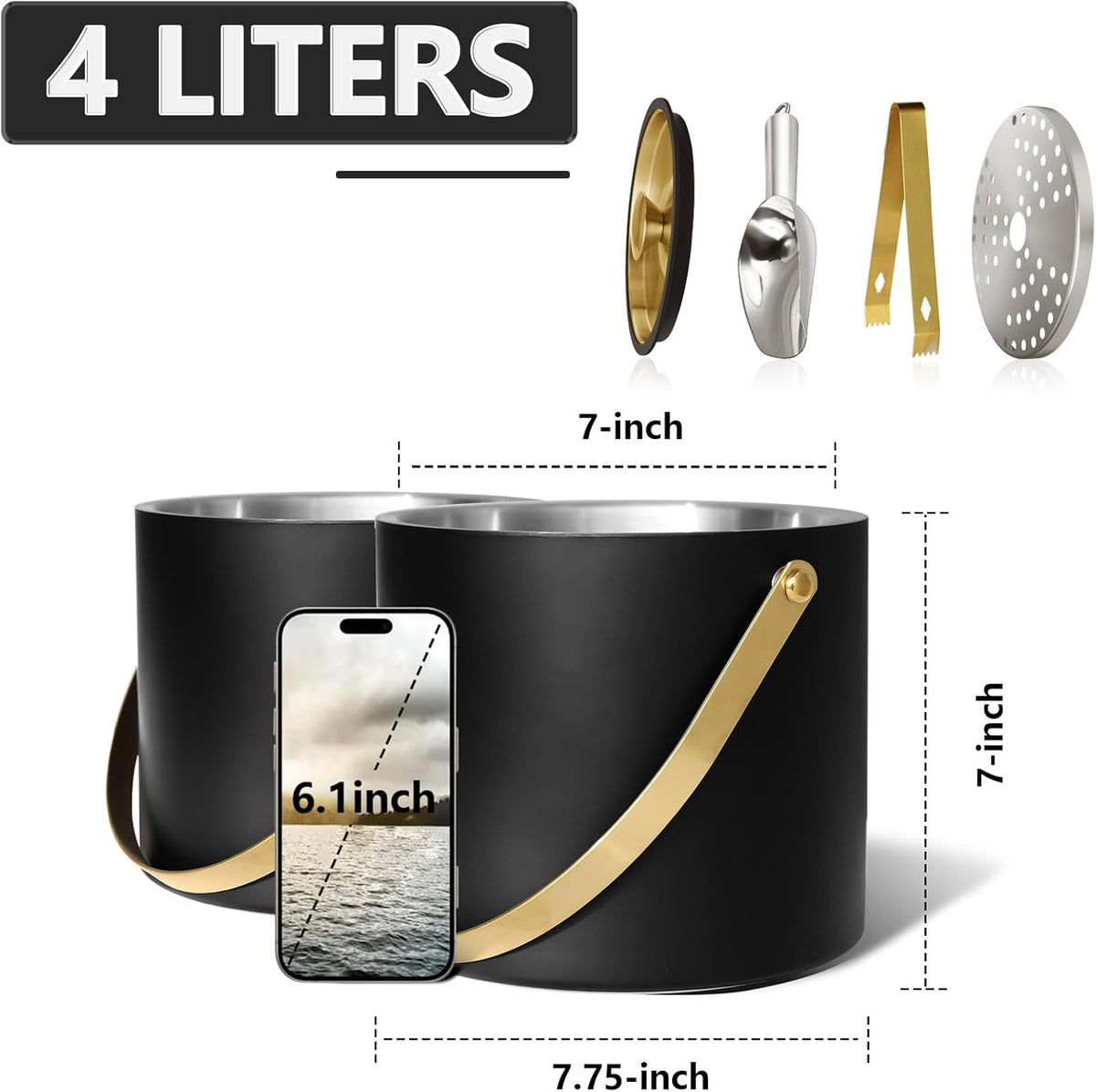 4L Ice Bucket with Silicone Lid, Scoop, Gold Tongs & Strainer, Stainless Steel Double Wall