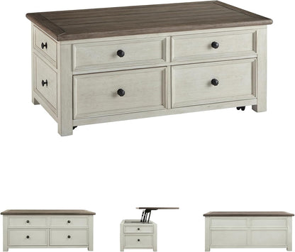 Signature Design by Ashley Bolanburg Farmhouse Lift Top Coffee Table with Drawers, Antique Cream &