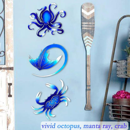 Weibefee Metal Wall Art Decor Octopus Crab Manta Ray Coastal Nautical Ocean Decor Concise 9'' Set