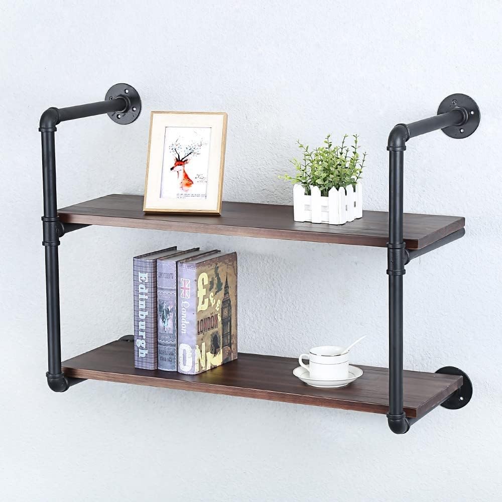 Industrial Pipe Shelving Wall Mounted,30in Rustic Metal Floating Shelves,Steampunk Real Wood Book