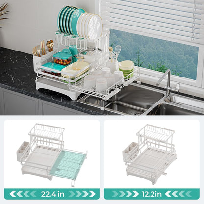 2 Tier Large Dish Drying Rack - Extendable Dish Rack, 2-in-1 Anti-Rust Stainless Steel Dishrack for